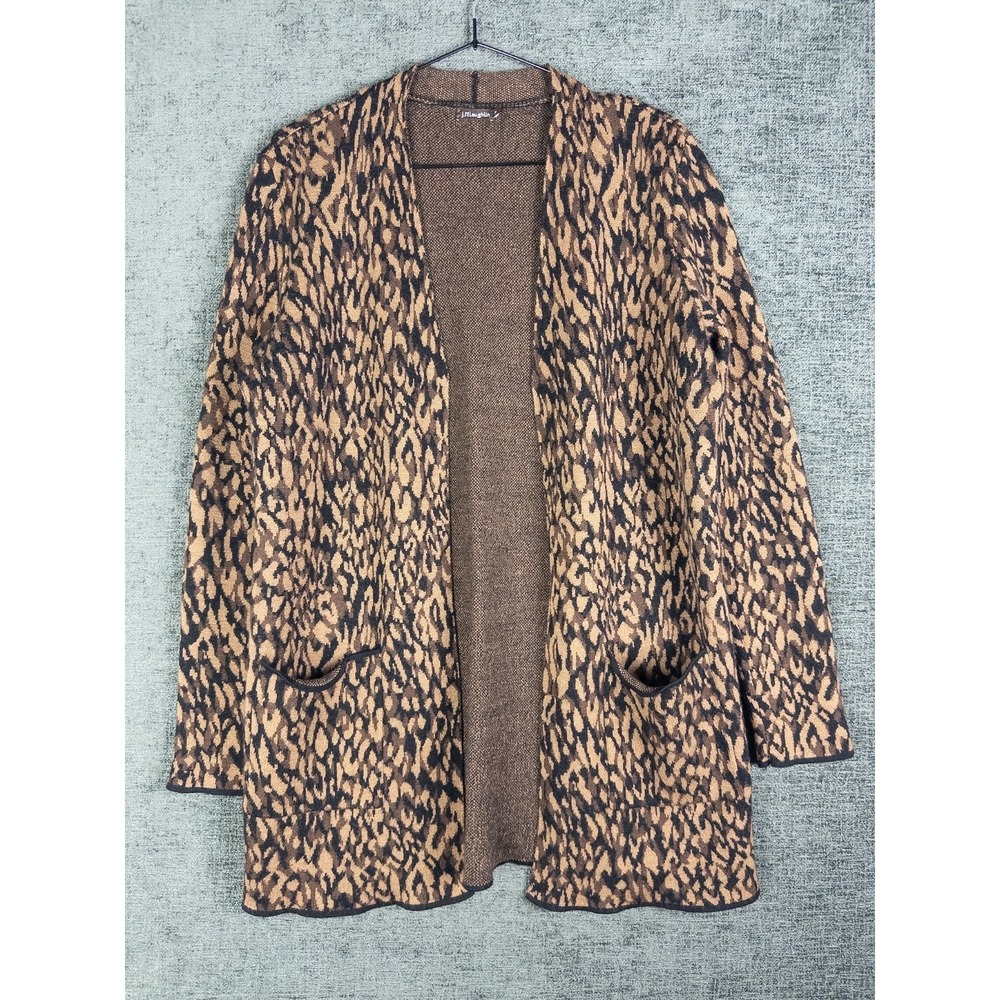 J. Mclaughlin Animal Print Cardigan Womens M‎ Merino Wool Safari Open Front